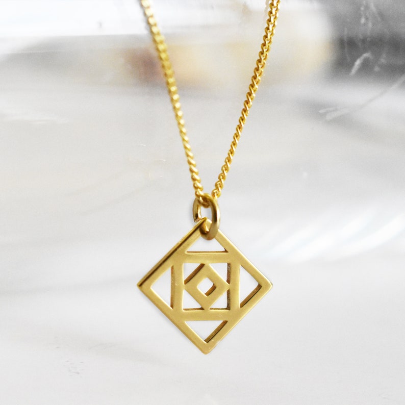 Modern Gold Plated Square Pendant, Curb Chain Necklace, Geometric Quadrangle Charm, Ethnic Jewelry image 3