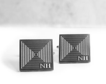 Personalized Cufflinks with Engraving, Initials and Geometric Pattern, Stainless Steel, Gift for Men