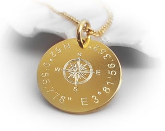 Gold Plated Compass Rose Necklace,  Engraved Wish Text or Coordinates, Personalized Jewelry for Women