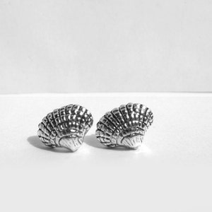 Könnte beinhalten: Ein Paar silberne Ohrringe in Muschelform. Die Ohrringe sind klein und zart und haben ein schlichtes, elegantes Design.