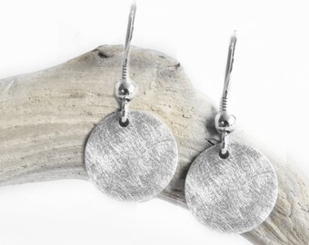 Round Brushed Disc Earrings, 925 Silver Minimalist Jewelry, Gift for Her