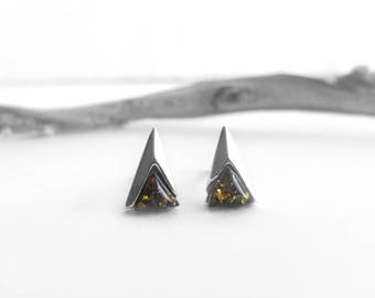 Modern Green Amber Stud Earring, 925 Silver, Small Triangle Post Earrings, Geometric Jewelry