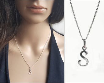 Single Letter S Necklace, Small Charm, Sterling Silver Alphabet Pendant, Initial Gift Jewelry for Women