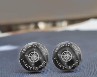 Round Personalized Compass Cufflinks with Coordinates – Stainless Steel Cufflinks, Gift for Men, Husband, Groom