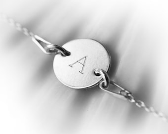 Initial Bracelet, Engraved Letter Disc, 925 Sterling Silver Chain Bracelet, Everyday Wear