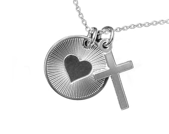 Personalized Cross & Heart Necklace – 925 Silver, Name or Date Engraving, Christian Gift for Girls  and Young Women