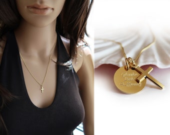 Gold Plated Cross Pendant Necklace with Engraving, Baptism, Communion or Confirmation Christian Personalized Gift for Girls and Women