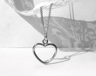 Open Heart Necklace, 925 Sterling Silver Heart Pendant with Curb Chain, Love Symbol Jewelry