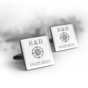 Square Shaped Personalized Cuff Links, Compass Wish Engraving,  Stainless Steel