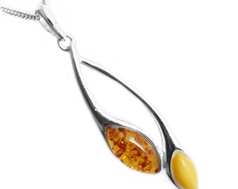 Bicolor Necklace, Brown and Yellow Amber Pendant Necklace, 925 Silver Setting, Amber Charm,  Womens Jewelry