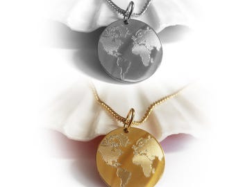 Custom World Map Necklace Engraved – Travel Gift, Graduation, College, Farewell – Stainless Steel Necklace