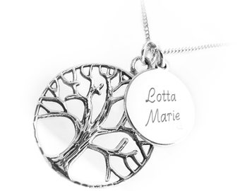 Personalized Necklace, 925 Sterling Silver,  Engraved Name Necklace, Initials, Date Letter, Round Tree of Life Charm