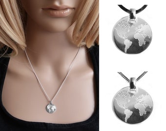 World map necklace, personalized necklace with engraving, world pendant, 925 silver necklace or leather strap, gift idea