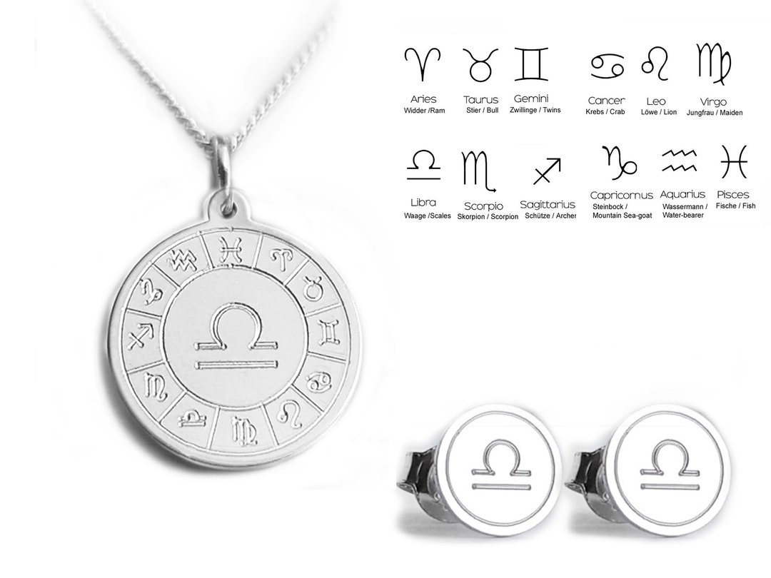 Engraved Zodiac Sign Jewelry Set Necklace & Stud Earrings Etsy