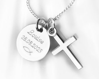 Cross Pendant, Round Disc Necklace, Engraved Text, 925 Silver Jewelry, Baptism, Communion or Confirmation Christian Gift for Girls