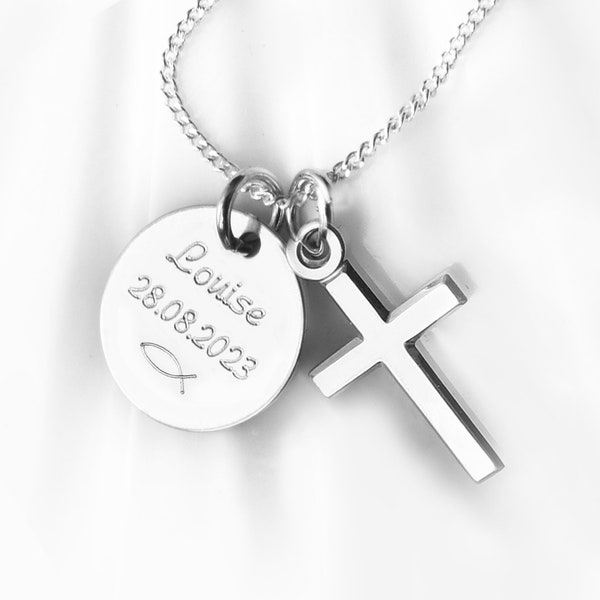 925 Silber Kreuz Anhänger Kette mit Gravur, Name, Datum, Taufe, Kommunion, Konfirmation, Christliches Geschenk für Mädchen