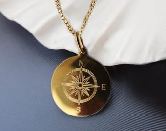 Gold Plated Compass Necklace with Engraving – Personalized Stainless Steel Compass Pendant – Coordinates Jewelry – Travel Gift