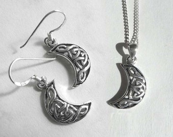 Crescent Moon Jewelry Set, Sterling Silver Dangle Earrings, Celtic Moon Necklace, Gift Set