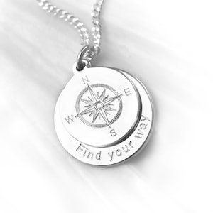 Engraved Compass Pendant Necklace, Customized, Wish Text, 925 Silver, Personalized Birthday, Baptism Gift Necklace