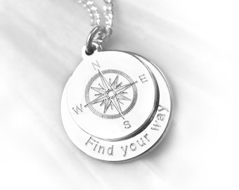 Engraved Compass Pendant Necklace, Customized, Wish Text, 925 Silver, Personalized Birthday, Baptism Gift Necklace