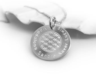 Flower of Life Pendant Necklace, Engraved Names or Quote, Custom Family Necklace, Personalized Jewelry, 925 Silver for Women