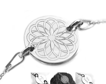 Personalized Disc Bracelet, Engraved Flower Mandala, 925 Silver Chain Bracelet, Wish Text on the Back