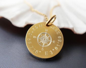 Compass Necklace with Engraving, Gold Plated Stainless Steel Necklace, Personalized Necklace, Coordinates, Name or Quote, Gift for Women