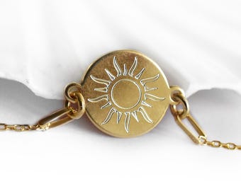 Sun Bracelet with Engraving,  Disc Bracelet, Gold Plated Chain Bracelet, Personalized Gift Idea for Girls and Women