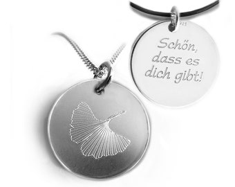 Gingko Anhänger mit Gravur, Personalisierte Kette, Gingkoblatt 925 Silber, Damenkette