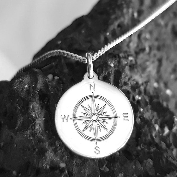 Compass Rose Necklace, 925 Silver, Engraved Round Pendant, Coordinates, Wish Text, Personalized Gift