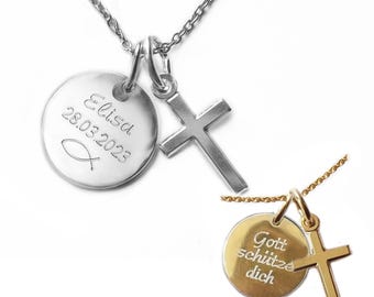 Personalized Cross Necklace with Engraving Disc, Christian Jewelry for Girls Women Kids, Baptism First Communion Confirmation Gift