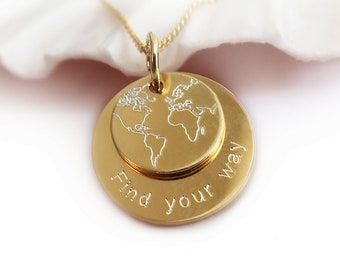 Personalized Gold Plated Engraved Necklace | Travel World Map Pendant | Adventure Gift Jewelry for Women