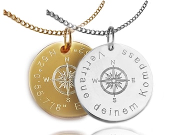 Personalized Compass Necklace in Stainless Steel – Engraved Necklace with Coordinates, Name & Date