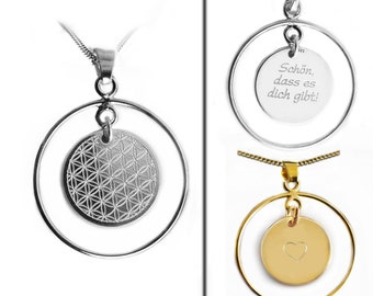 Flower of Life Necklace, Round Disc Engraved Circle Pendant, 925 Silver or Gold Plated, Handmade Gift Jewelry for Women