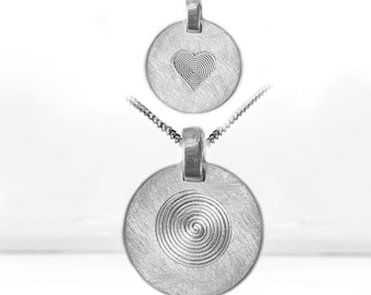 Round Brushed 925 Silver Engraving Pendant – Heart, Spiral, or No Motif, with Initials – Optional with Silver Chain
