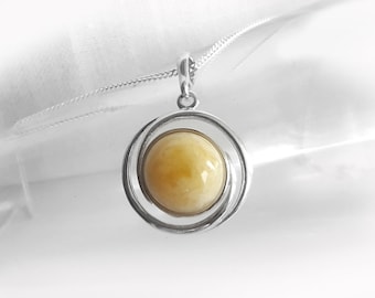 925 Silver Necklace with Round Yellow Pendant in Silver Setting, Modern Jewelry