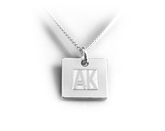 Engraved Initial Pendant, Monogrammed Square Charm Necklace, 10 x 10 mm, 925 Silver