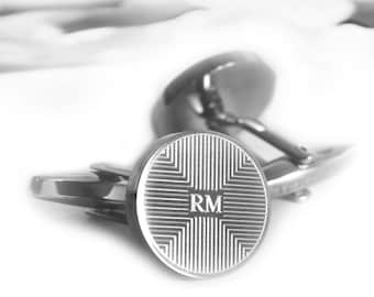 Round Cuff Links, Stainless Steel, Engraved Initials, Geometric Design, Personalized Gift Jewelry for Men