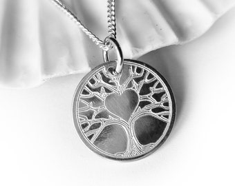 Round Tree of Life Pendant, Engraved Necklace, 925 Silver, Personalized Birthday Family Gift for Wife, Mother, Sister