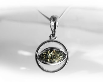 Green Amber Pendant & Silver Necklace | Round Amber Necklace | Circle Chain Pendant Silver | Gift Jewelry for Women