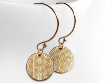 Modern Gold FIlled Earrings, Flower of Life Disc Earrings, Gold Filled Minimalist Jewelry, Everyday Jewelry