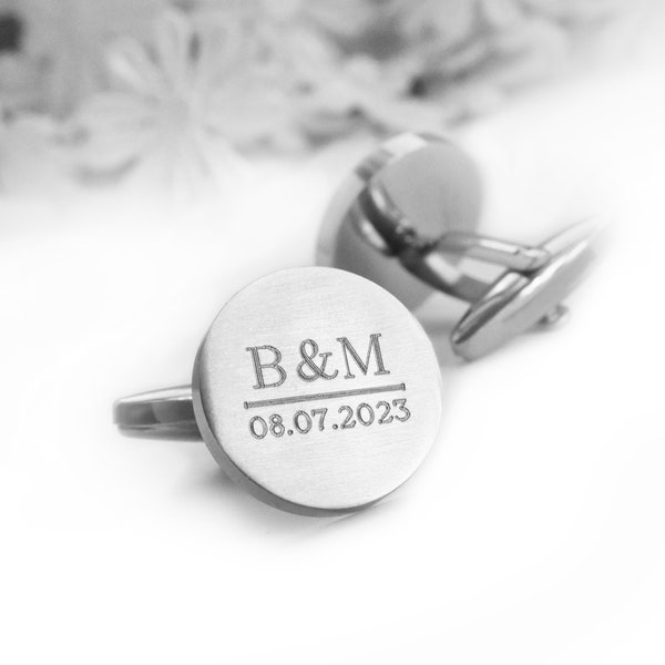 Personalized Round Cufflinks with Engraving, Initials and Date, Stainless Steel, Gift Jewelry for Men