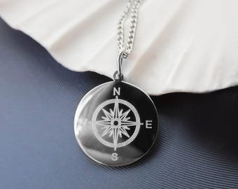 Compass Necklace with Engraving – Personalized Stainless Steel Compass Rose Pendant – Travel Gift