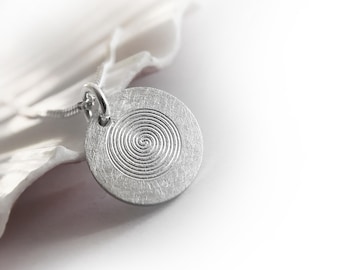 Spiral - Minimalist Necklace – Round Brushed Pendant, 925 Silver
