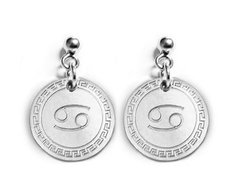 Dangle Engraved Earrings, Zodiac Sign Disc Earrings, Personalized Ear Jewelry, 925 Silver, Jewelry Gift for Women