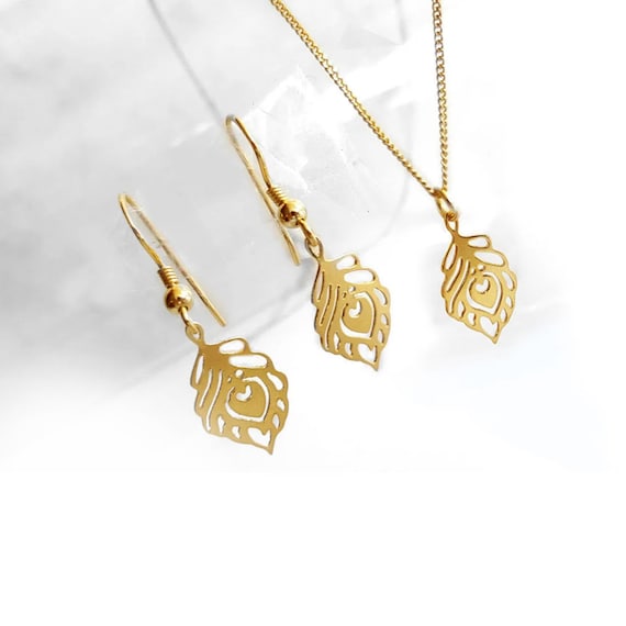 Schmuckset: Pfauenfeder Anhänger, Kette & Ohrringe, Vergoldet oder 925 Silber
