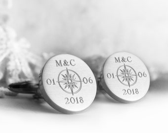 Round Cuff Links, Compass, Initials, Date Engraving, Stainless Steel, Personalized Gift for Men