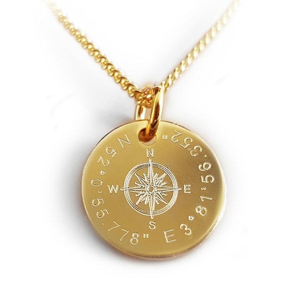 Vergoldete Kompass Kette mit Gravur, Runder Anhänger, Wunsch Text oder Koordinaten, Personalisiertes Geschenk