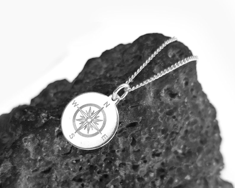 Compass Rose Necklace, 925 Silver, Engraved Round Pendant, Coordinates, Wish Text, Personalized Gift image 8