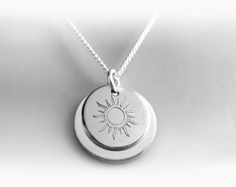 Sun Necklace, 925 Silver Double Pendant Necklace with Engraving, Name, Wish Text, Birtday Gift Idea